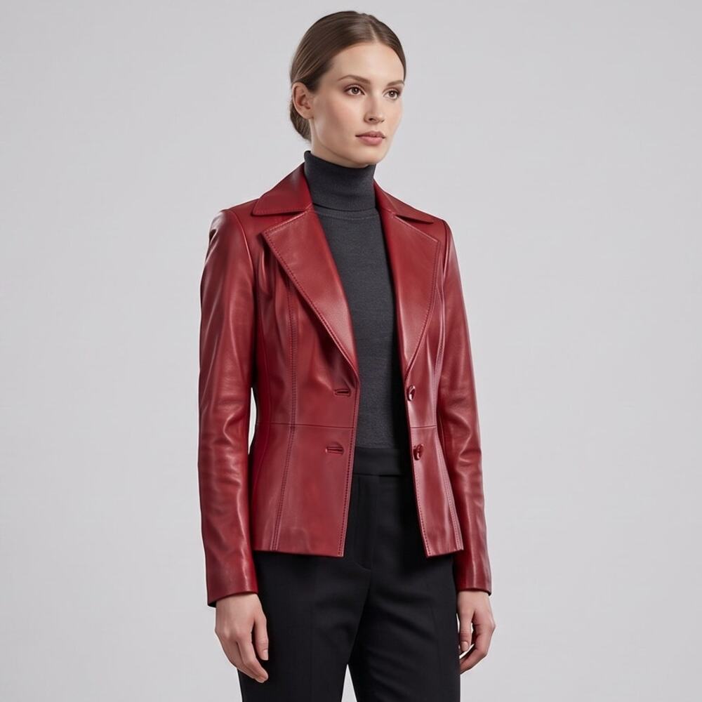 Classique Red Leather Blazer Jacket Womens Size 0P Petite Slim Fit Two Button